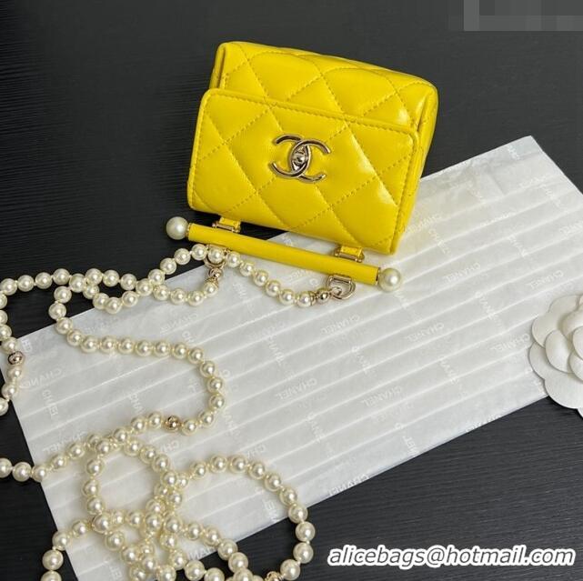 New Design Chanel Lambskin Triangle Clutch with Chain and Pearls AP4006 Yellow 2024