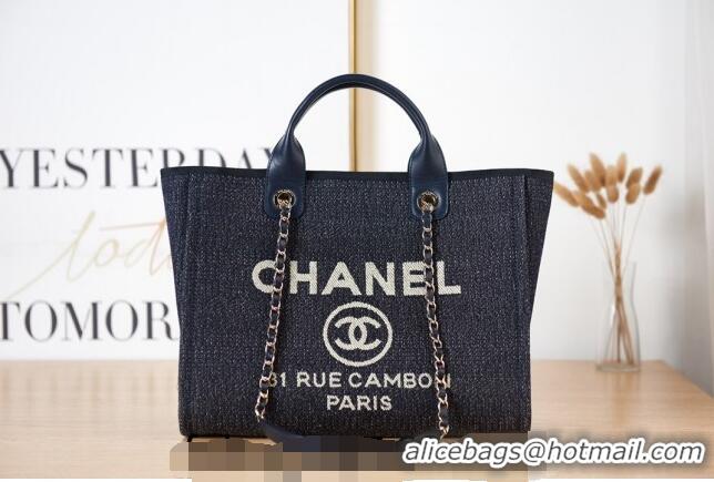 Best Price Chanel Deauville Mixed Fibers & Calfskin Small Shopping Bag AS3257 Dark Blue 2024