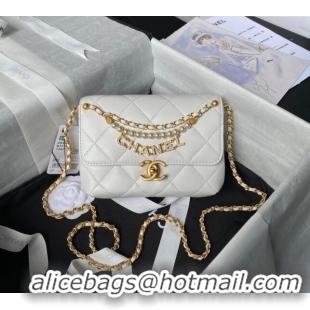 Top Quality Chanel Shiny Lambskin Mini Flap Bag with Pearls AS4986 White 2024