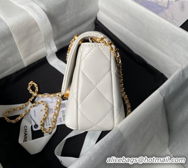 Top Quality Chanel Shiny Lambskin Mini Flap Bag with Pearls AS4986 White 2024