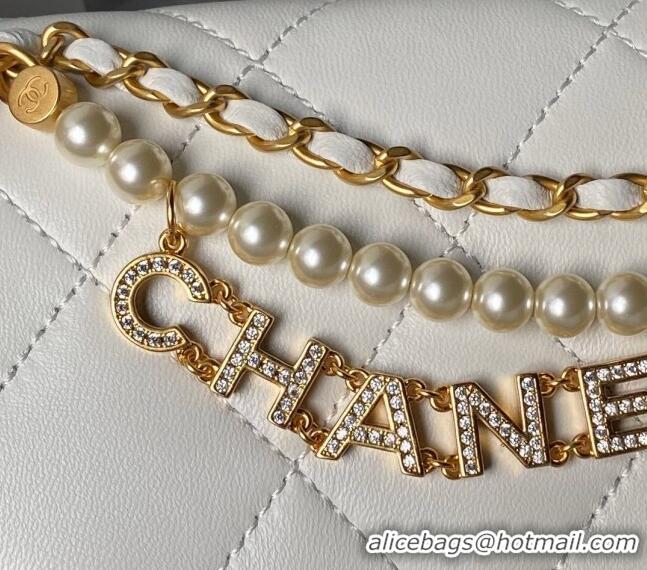 Top Quality Chanel Shiny Lambskin Mini Flap Bag with Pearls AS4986 White 2024