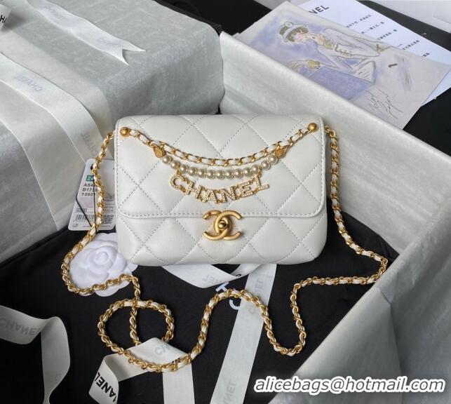 Top Quality Chanel Shiny Lambskin Mini Flap Bag with Pearls AS4986 White 2024