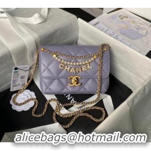 Top Quality Chanel Shiny Lambskin Mini Flap Bag with Pearls AS4986 Light Purple 2024