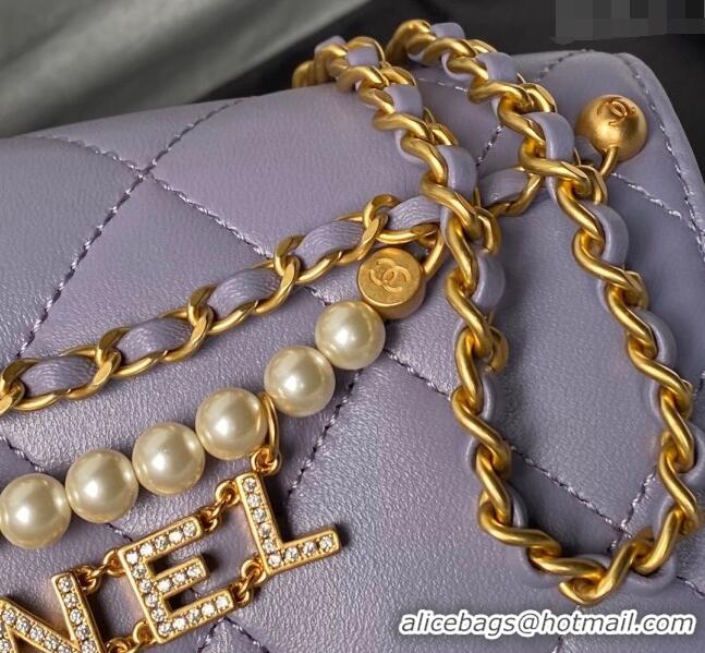 Top Quality Chanel Shiny Lambskin Mini Flap Bag with Pearls AS4986 Light Purple 2024