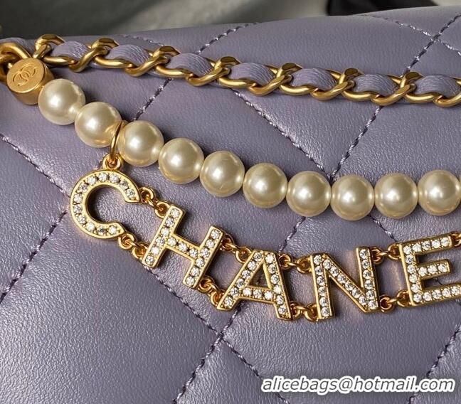 Top Quality Chanel Shiny Lambskin Mini Flap Bag with Pearls AS4986 Light Purple 2024