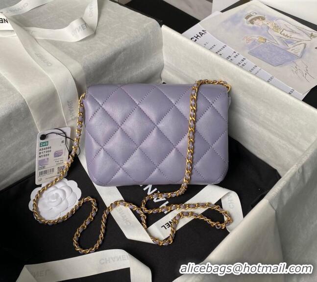 Top Quality Chanel Shiny Lambskin Mini Flap Bag with Pearls AS4986 Light Purple 2024