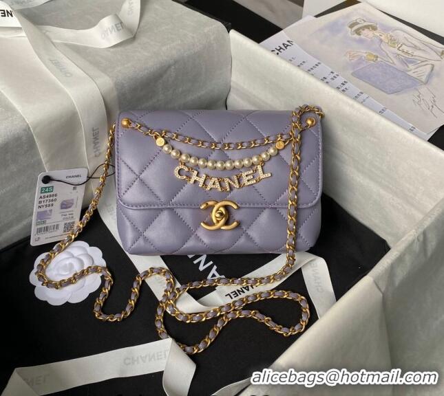 Top Quality Chanel Shiny Lambskin Mini Flap Bag with Pearls AS4986 Light Purple 2024