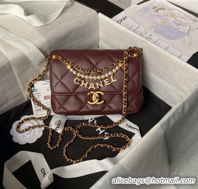 Top Design Chanel Shiny Lambskin Mini Flap Bag with Pearls AS4986 Dark Burgundy 2024