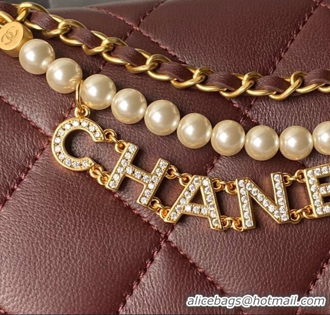 Top Design Chanel Shiny Lambskin Mini Flap Bag with Pearls AS4986 Dark Burgundy 2024