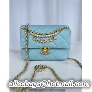 Promotional Chanel Shiny Lambskin Mini Flap Bag with Pearls AS4986 Light Blue 2024