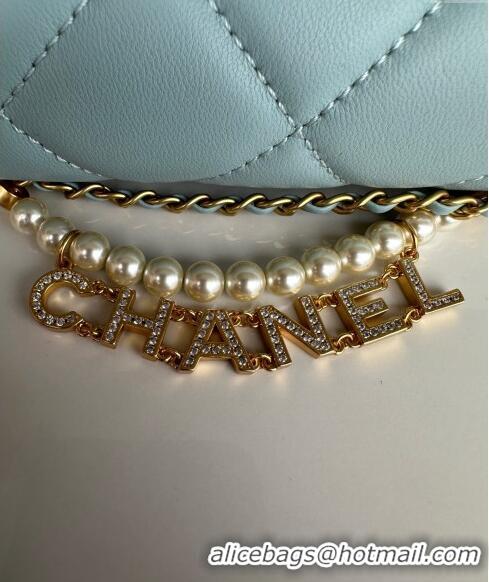 Promotional Chanel Shiny Lambskin Mini Flap Bag with Pearls AS4986 Light Blue 2024