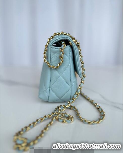 Promotional Chanel Shiny Lambskin Mini Flap Bag with Pearls AS4986 Light Blue 2024