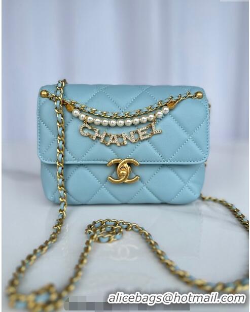 Promotional Chanel Shiny Lambskin Mini Flap Bag with Pearls AS4986 Light Blue 2024