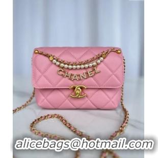 Super Quality Chanel Shiny Lambskin Mini Flap Bag with Pearls AS4986 Pink 2024