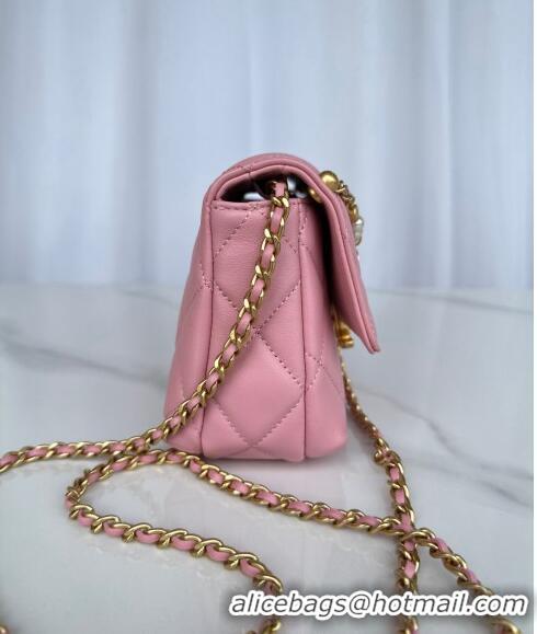 Super Quality Chanel Shiny Lambskin Mini Flap Bag with Pearls AS4986 Pink 2024