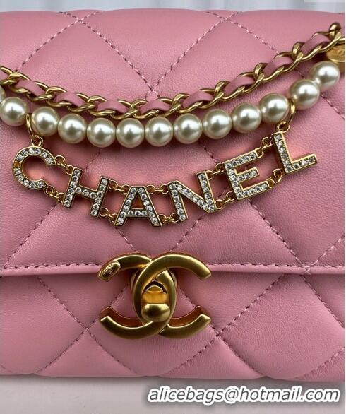 Super Quality Chanel Shiny Lambskin Mini Flap Bag with Pearls AS4986 Pink 2024