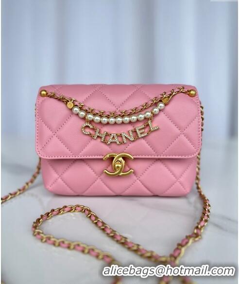 Super Quality Chanel Shiny Lambskin Mini Flap Bag with Pearls AS4986 Pink 2024