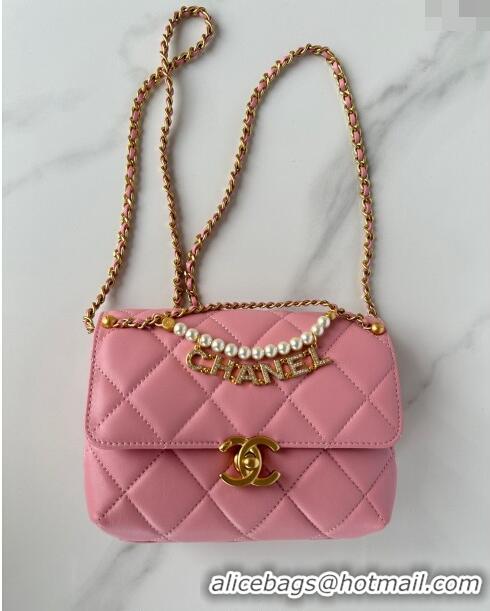 Super Quality Chanel Shiny Lambskin Mini Flap Bag with Pearls AS4986 Pink 2024