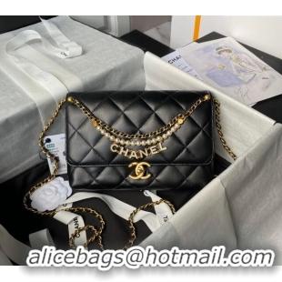 Buy Cheap Chanel Shiny Lambskin Small Flap Bag with Pearls AS5011 Black 2024