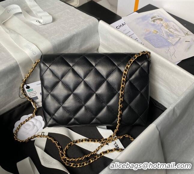 Buy Cheap Chanel Shiny Lambskin Small Flap Bag with Pearls AS5011 Black 2024