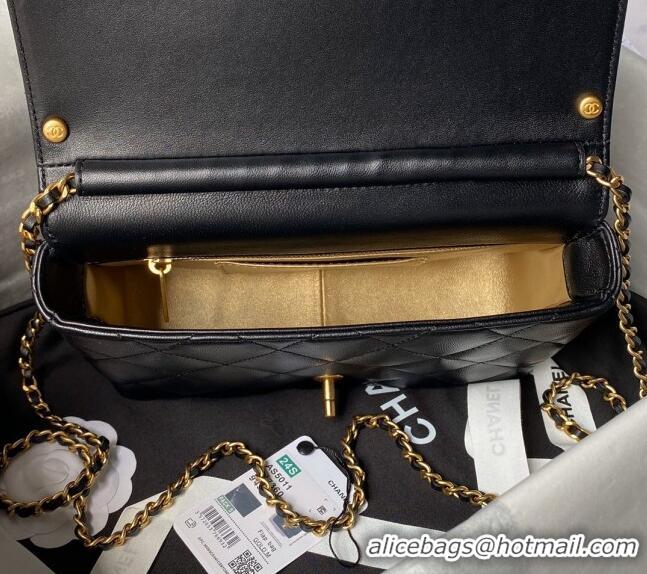 Buy Cheap Chanel Shiny Lambskin Small Flap Bag with Pearls AS5011 Black 2024