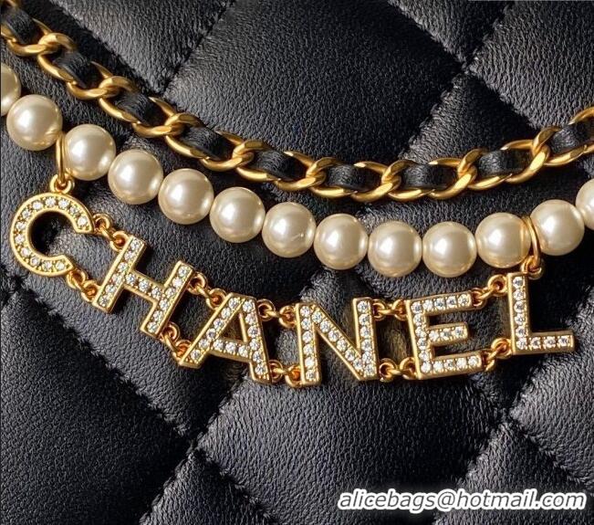 Buy Cheap Chanel Shiny Lambskin Small Flap Bag with Pearls AS5011 Black 2024