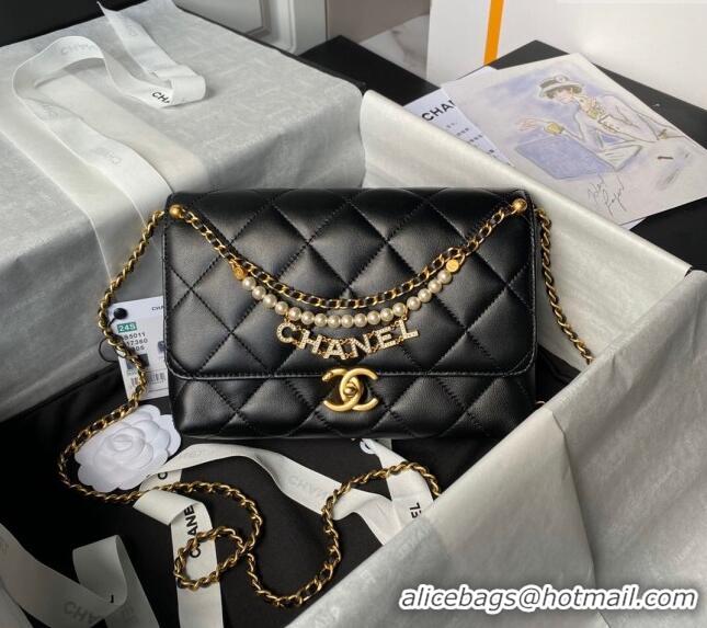 Buy Cheap Chanel Shiny Lambskin Small Flap Bag with Pearls AS5011 Black 2024