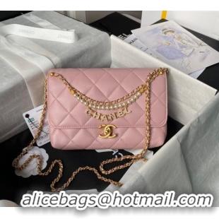 Buy Fashionable Chanel Shiny Lambskin Small Flap Bag with Pearls AS5011 Light Pink 2024