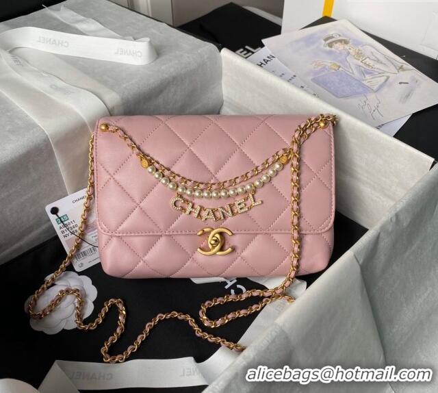 Buy Fashionable Chanel Shiny Lambskin Small Flap Bag with Pearls AS5011 Light Pink 2024