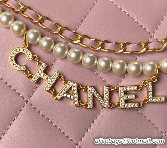 Buy Fashionable Chanel Shiny Lambskin Small Flap Bag with Pearls AS5011 Light Pink 2024