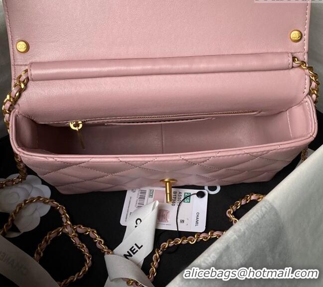 Buy Fashionable Chanel Shiny Lambskin Small Flap Bag with Pearls AS5011 Light Pink 2024