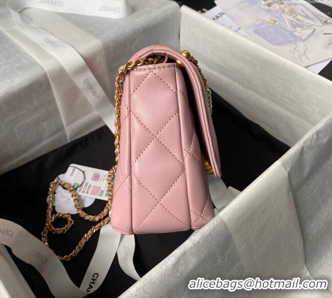 Buy Fashionable Chanel Shiny Lambskin Small Flap Bag with Pearls AS5011 Light Pink 2024