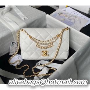 Super Quality Chanel Shiny Lambskin Small Flap Bag with Pearls AS5011 White 2024