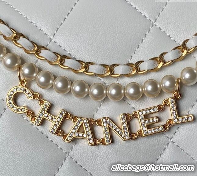 Super Quality Chanel Shiny Lambskin Small Flap Bag with Pearls AS5011 White 2024