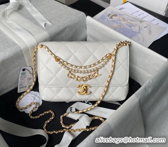 Super Quality Chanel Shiny Lambskin Small Flap Bag with Pearls AS5011 White 2024