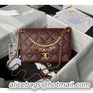 Buy Fashionable Chanel Shiny Lambskin Small Flap Bag with Pearls AS5011 Dark Burgundy 2024