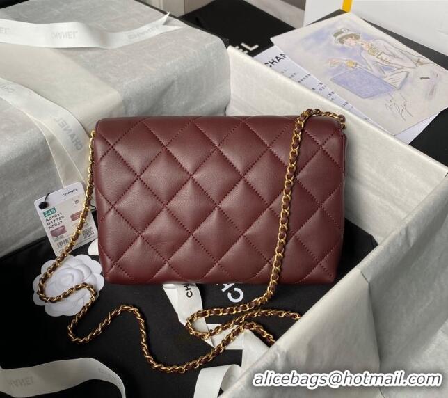 Buy Fashionable Chanel Shiny Lambskin Small Flap Bag with Pearls AS5011 Dark Burgundy 2024