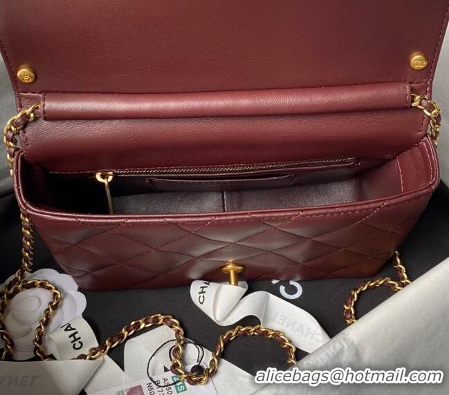 Buy Fashionable Chanel Shiny Lambskin Small Flap Bag with Pearls AS5011 Dark Burgundy 2024