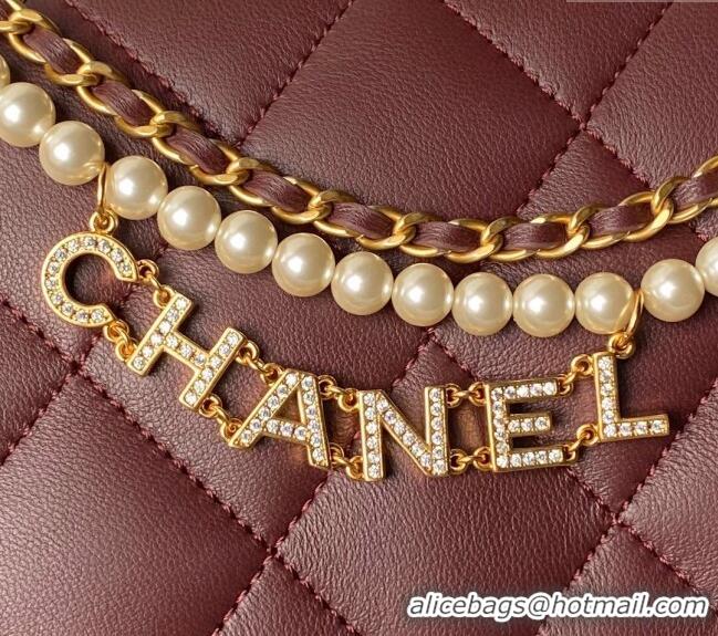 Buy Fashionable Chanel Shiny Lambskin Small Flap Bag with Pearls AS5011 Dark Burgundy 2024