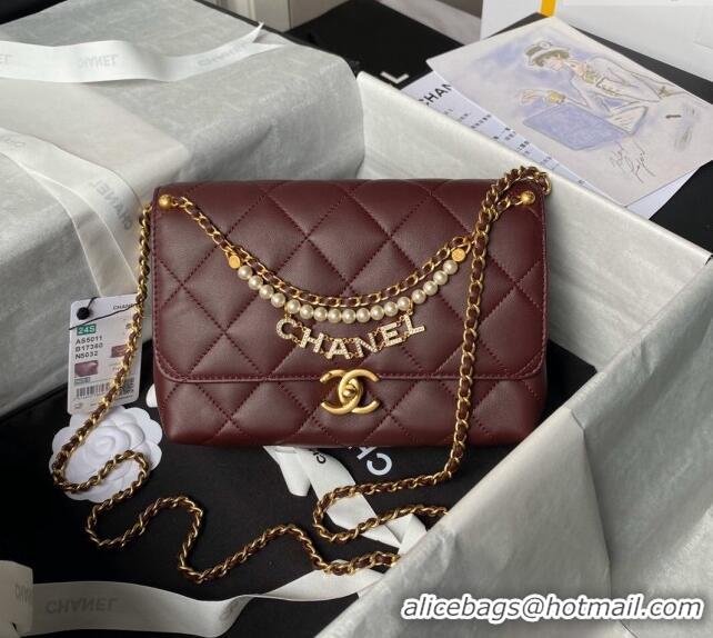 Buy Fashionable Chanel Shiny Lambskin Small Flap Bag with Pearls AS5011 Dark Burgundy 2024