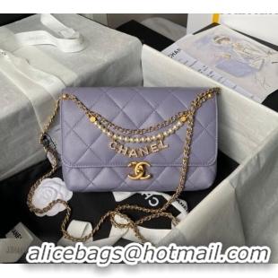 New Fashion Chanel Shiny Lambskin Small Flap Bag with Pearls AS5011 Light Purple 2024