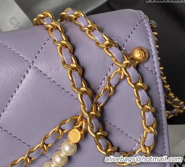 New Fashion Chanel Shiny Lambskin Small Flap Bag with Pearls AS5011 Light Purple 2024