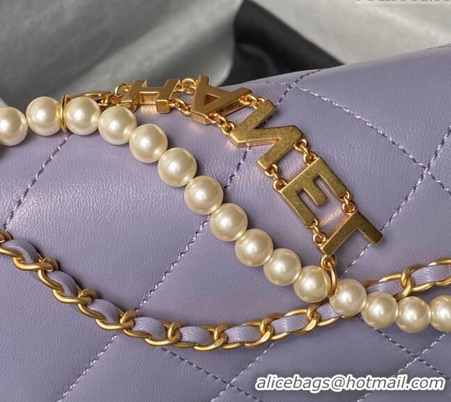 New Fashion Chanel Shiny Lambskin Small Flap Bag with Pearls AS5011 Light Purple 2024