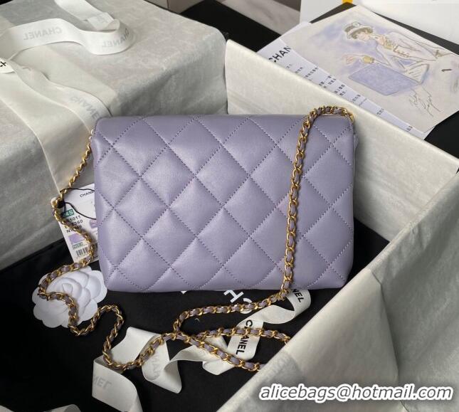 New Fashion Chanel Shiny Lambskin Small Flap Bag with Pearls AS5011 Light Purple 2024