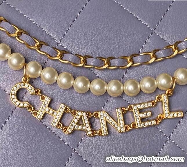 New Fashion Chanel Shiny Lambskin Small Flap Bag with Pearls AS5011 Light Purple 2024