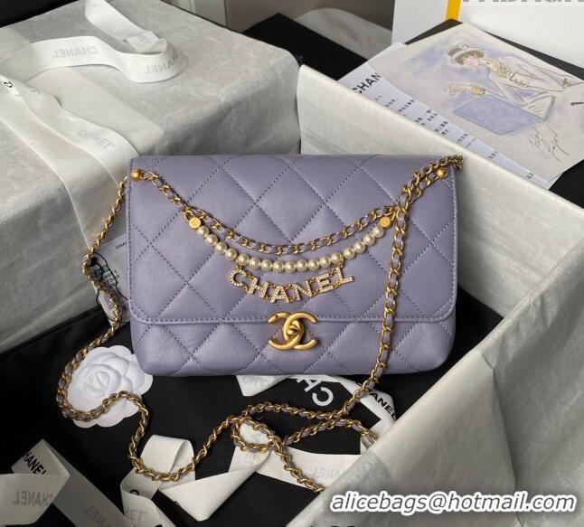 New Fashion Chanel Shiny Lambskin Small Flap Bag with Pearls AS5011 Light Purple 2024