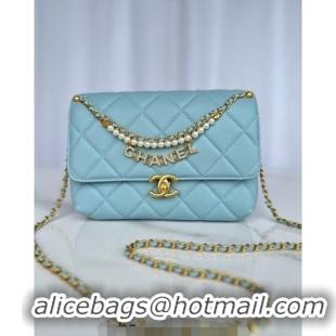 Well Crafted Chanel Shiny Lambskin Small Flap Bag with Pearls AS5011 Light Blue 2024