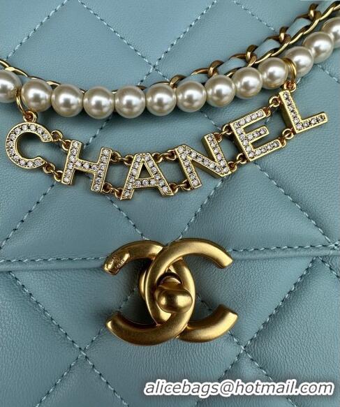 Well Crafted Chanel Shiny Lambskin Small Flap Bag with Pearls AS5011 Light Blue 2024