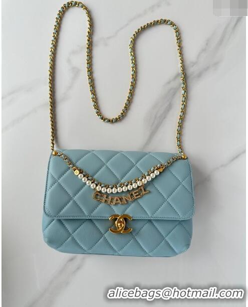 Well Crafted Chanel Shiny Lambskin Small Flap Bag with Pearls AS5011 Light Blue 2024