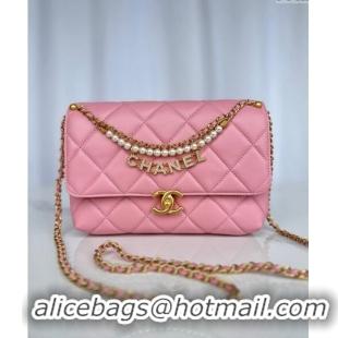 Top Grade Chanel Shiny Lambskin Small Flap Bag with Pearls AS5011 Pink 2024